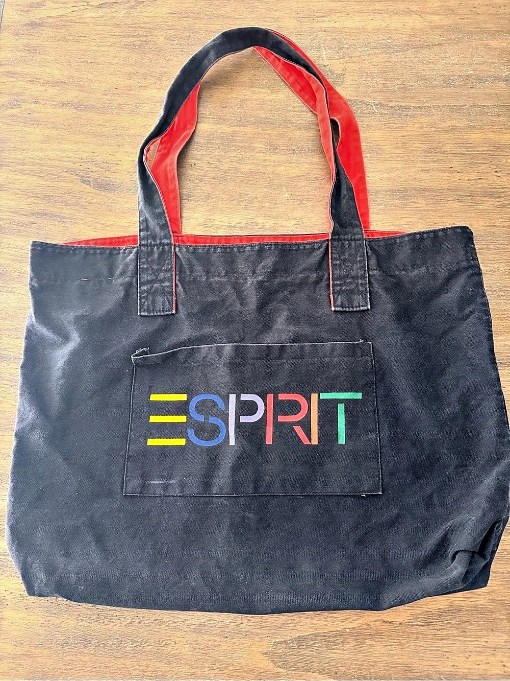 Vintage 90’s ESPRIT Black Logo Tote Carryall Shopper Bag Large Rainbow Pocket